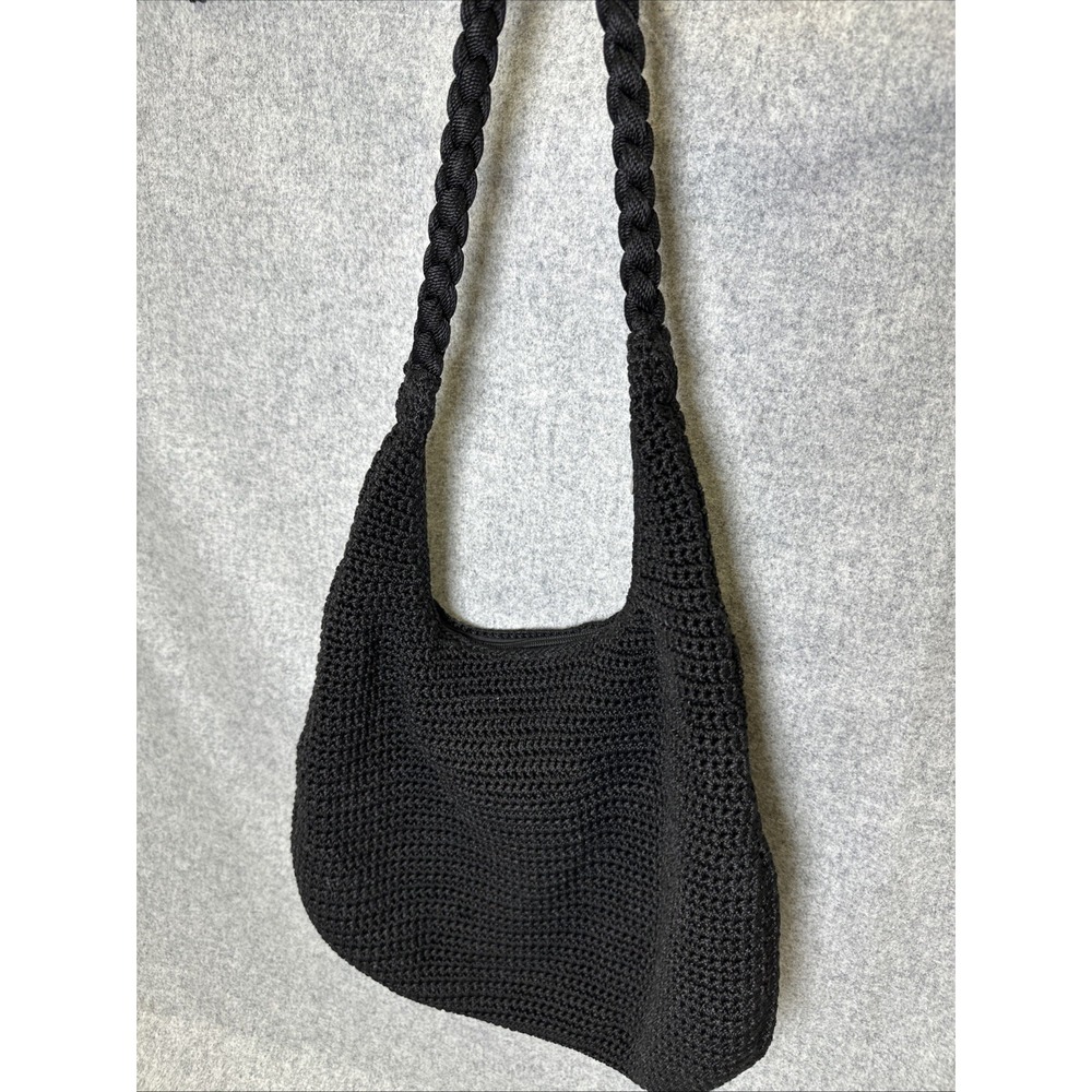 The Sak Hobo Crochet Shoulder Bag Black Woven Zip Solid Minimalist Capsule - Picture 9 of 14
